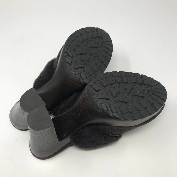 Coach Idyle Brown Suede Shearling Faux Fur Brass Trim Mules Sz 7.5 - Picture 8 of 10